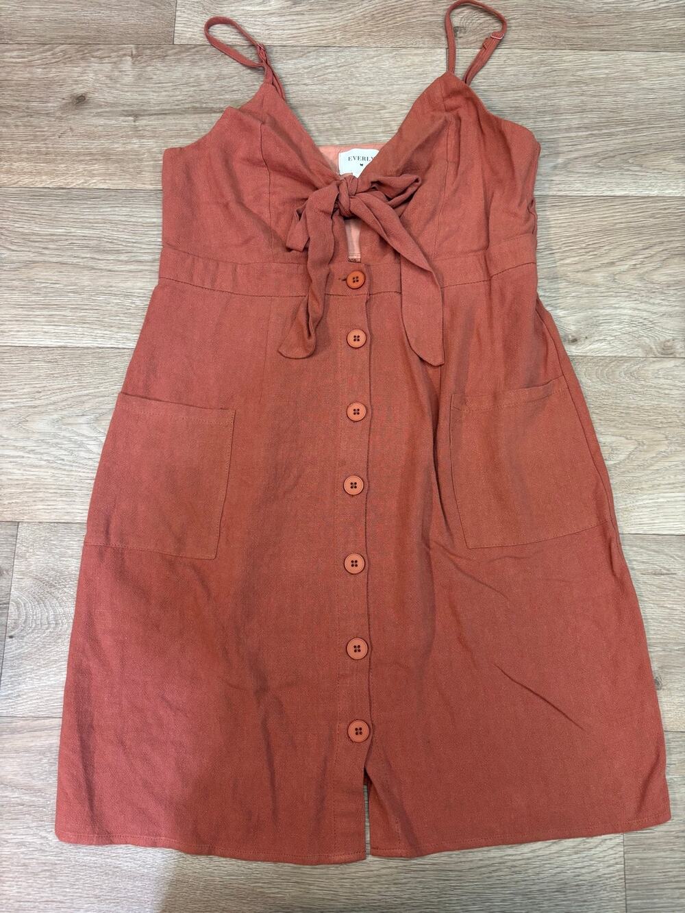 Everly Terracotta Button Front Tie Front Sundress with pockets Size M